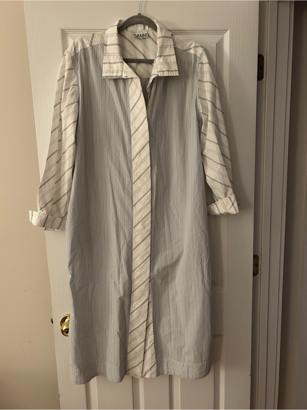 Ganni White and Light Blue Striped Midi Shirt Dress